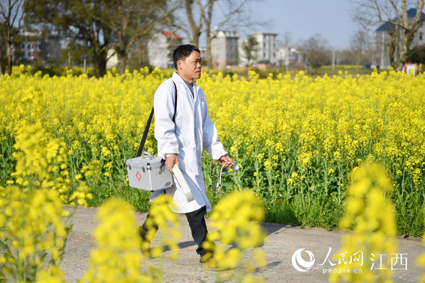 陈时家走在去村民家的乡道上，他说，哪里需要我，我就去哪里。 人民网 时雨摄